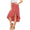 imageLYANER Womens Boho Floral Print Wrap Front Self Tie Knot Ruffle Hem Split Midi SkirtRed