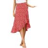 imageLYANER Womens Boho Floral Print Wrap Front Self Tie Knot Ruffle Hem Split Midi SkirtRed