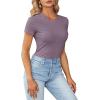 imageLYANER Womens Ribbed Knit Round Neck Short Sleeve Slim Fit Basic TShirt Tee TopPurple