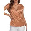imageLYANER Womens Satin Silk Wrap V Neck Cap Sleeve Elegant Workwear Blouse Shirt TopBrown