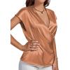 imageLYANER Womens Satin Silk Wrap V Neck Cap Sleeve Elegant Workwear Blouse Shirt TopBrown