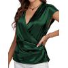 imageLYANER Womens Satin Silk Wrap V Neck Cap Sleeve Elegant Workwear Blouse Shirt TopDark Green