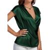 imageLYANER Womens Satin Silk Wrap V Neck Cap Sleeve Elegant Workwear Blouse Shirt TopDark Green