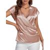 imageLYANER Womens Satin Silk Wrap V Neck Cap Sleeve Elegant Workwear Blouse Shirt TopPink