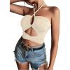 imageLYANER Womens Sexy Halter Ruched Criss Cross Cut Out Sleeveless Tie Back Cami Crop TopsBeige