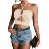 imageLYANER Womens Sexy Halter Ruched Criss Cross Cut Out Sleeveless Tie Back Cami Crop TopsBeige