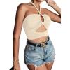 imageLYANER Womens Sexy Halter Ruched Criss Cross Cut Out Sleeveless Tie Back Cami Crop TopsBeige