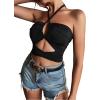 imageLYANER Womens Sexy Halter Ruched Criss Cross Cut Out Sleeveless Tie Back Cami Crop TopsBlack