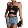 imageLYANER Womens Sexy Halter Ruched Criss Cross Cut Out Sleeveless Tie Back Cami Crop TopsBlack