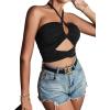 imageLYANER Womens Sexy Halter Ruched Criss Cross Cut Out Sleeveless Tie Back Cami Crop TopsBlack
