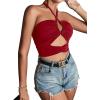 imageLYANER Womens Sexy Halter Ruched Criss Cross Cut Out Sleeveless Tie Back Cami Crop TopsBurgundy