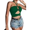 imageLYANER Womens Sexy Halter Ruched Criss Cross Cut Out Sleeveless Tie Back Cami Crop TopsDark Green