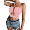 imageLYANER Womens Sexy Halter Ruched Criss Cross Cut Out Sleeveless Tie Back Cami Crop TopsLight Pink