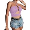 imageLYANER Womens Sexy Halter Ruched Criss Cross Cut Out Sleeveless Tie Back Cami Crop TopsLight Purple