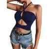 imageLYANER Womens Sexy Halter Ruched Criss Cross Cut Out Sleeveless Tie Back Cami Crop TopsNavy Blue