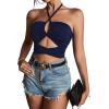 imageLYANER Womens Sexy Halter Ruched Criss Cross Cut Out Sleeveless Tie Back Cami Crop TopsNavy Blue