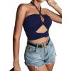 imageLYANER Womens Sexy Halter Ruched Criss Cross Cut Out Sleeveless Tie Back Cami Crop TopsNavy Blue