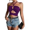 imageLYANER Womens Sexy Halter Ruched Criss Cross Cut Out Sleeveless Tie Back Cami Crop TopsPurple