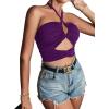 imageLYANER Womens Sexy Halter Ruched Criss Cross Cut Out Sleeveless Tie Back Cami Crop TopsPurple