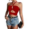 imageLYANER Womens Sexy Halter Ruched Criss Cross Cut Out Sleeveless Tie Back Cami Crop TopsRed