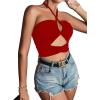 imageLYANER Womens Sexy Halter Ruched Criss Cross Cut Out Sleeveless Tie Back Cami Crop TopsRed