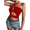 imageLYANER Womens Sexy Halter Ruched Criss Cross Cut Out Sleeveless Tie Back Cami Crop TopsRed