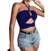 imageLYANER Womens Sexy Halter Ruched Criss Cross Cut Out Sleeveless Tie Back Cami Crop TopsRoyal Blue