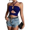imageLYANER Womens Sexy Halter Ruched Criss Cross Cut Out Sleeveless Tie Back Cami Crop TopsRoyal Blue