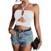 imageLYANER Womens Sexy Halter Ruched Criss Cross Cut Out Sleeveless Tie Back Cami Crop TopsWhite