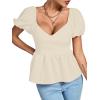 imageLYANER Womens V Neck Ruffle Hem Shirred Back Puff Short Sleeve Peplum Top BlouseBeige