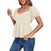 imageLYANER Womens V Neck Ruffle Hem Shirred Back Puff Short Sleeve Peplum Top BlouseBeige