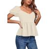imageLYANER Womens V Neck Ruffle Hem Shirred Back Puff Short Sleeve Peplum Top BlouseBeige