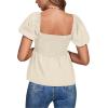 imageLYANER Womens V Neck Ruffle Hem Shirred Back Puff Short Sleeve Peplum Top BlouseBeige