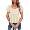 imageLYANER Womens V Neck Ruffle Hem Shirred Back Puff Short Sleeve Peplum Top BlouseBeige