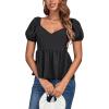 imageLYANER Womens V Neck Ruffle Hem Shirred Back Puff Short Sleeve Peplum Top BlouseBlack