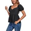 imageLYANER Womens V Neck Ruffle Hem Shirred Back Puff Short Sleeve Peplum Top BlouseBlack