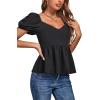 imageLYANER Womens V Neck Ruffle Hem Shirred Back Puff Short Sleeve Peplum Top BlouseBlack