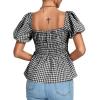 imageLYANER Womens V Neck Ruffle Hem Shirred Back Puff Short Sleeve Peplum Top BlouseBlack White