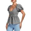 imageLYANER Womens V Neck Ruffle Hem Shirred Back Puff Short Sleeve Peplum Top BlouseBlack White