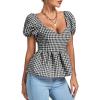 imageLYANER Womens V Neck Ruffle Hem Shirred Back Puff Short Sleeve Peplum Top BlouseBlack White