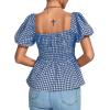 imageLYANER Womens V Neck Ruffle Hem Shirred Back Puff Short Sleeve Peplum Top BlouseBlue White