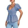 imageLYANER Womens V Neck Ruffle Hem Shirred Back Puff Short Sleeve Peplum Top BlouseBlue White