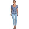 imageLYANER Womens V Neck Ruffle Hem Shirred Back Puff Short Sleeve Peplum Top BlouseBlue White