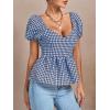 imageLYANER Womens V Neck Ruffle Hem Shirred Back Puff Short Sleeve Peplum Top BlouseBlue White
