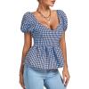 imageLYANER Womens V Neck Ruffle Hem Shirred Back Puff Short Sleeve Peplum Top BlouseBlue White