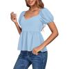 imageLYANER Womens V Neck Ruffle Hem Shirred Back Puff Short Sleeve Peplum Top BlouseDusty Blue