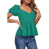imageLYANER Womens V Neck Ruffle Hem Shirred Back Puff Short Sleeve Peplum Top BlouseGreen