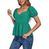 imageLYANER Womens V Neck Ruffle Hem Shirred Back Puff Short Sleeve Peplum Top BlouseGreen