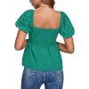 imageLYANER Womens V Neck Ruffle Hem Shirred Back Puff Short Sleeve Peplum Top BlouseGreen