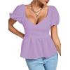 imageLYANER Womens V Neck Ruffle Hem Shirred Back Puff Short Sleeve Peplum Top BlouseLight Purple